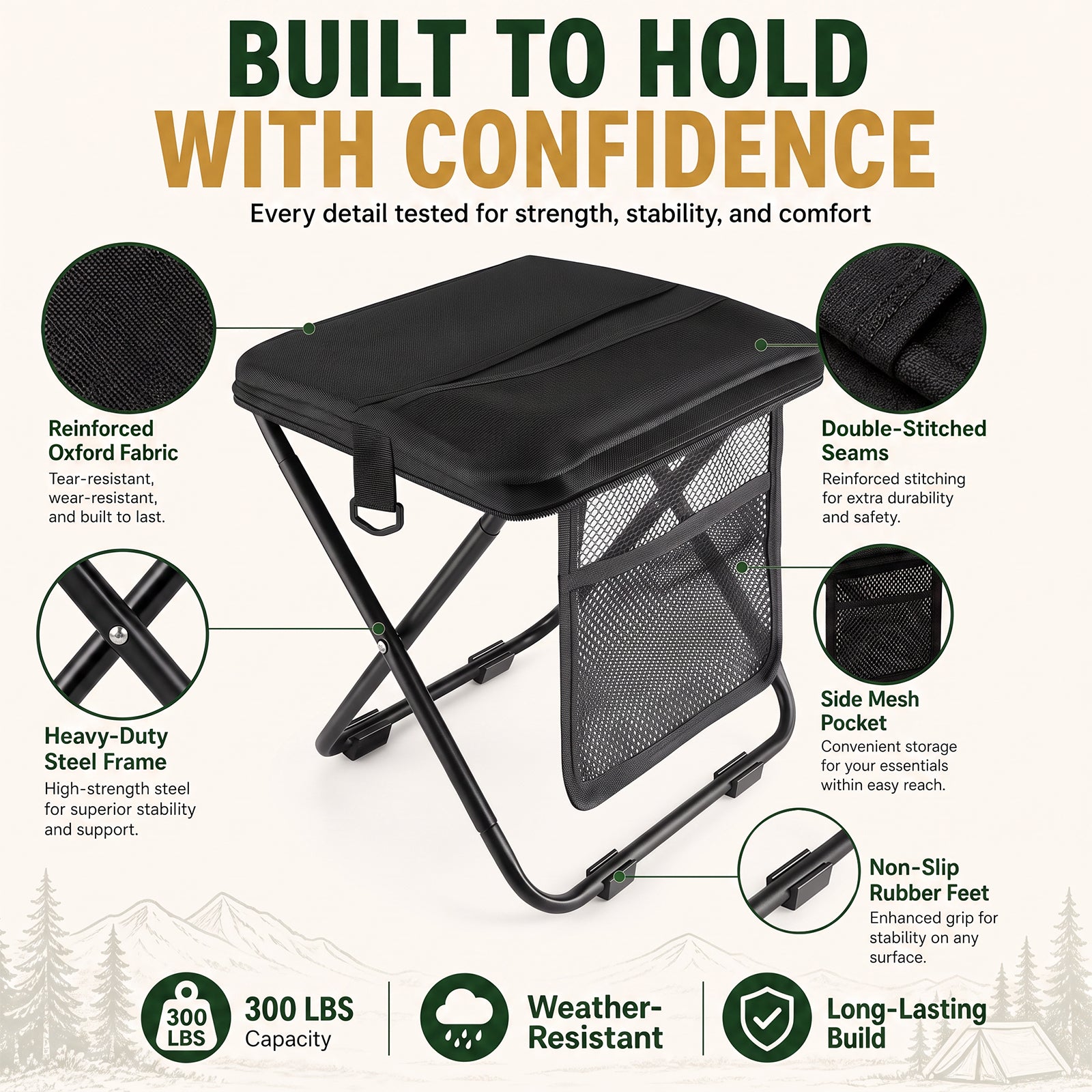 16" Collapsible Folding Stool with Storage Pockets