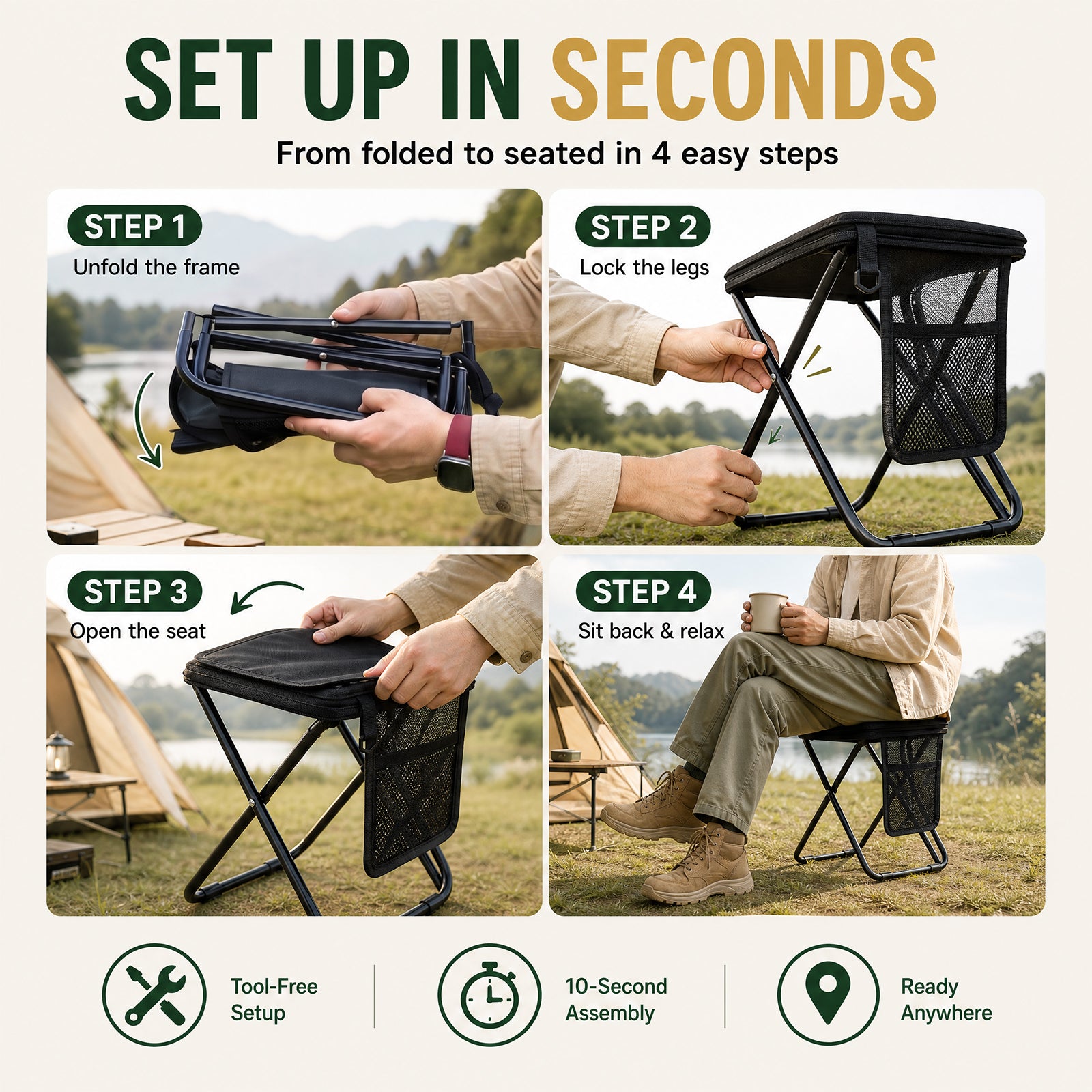 16" Collapsible Folding Stool with Storage Pockets