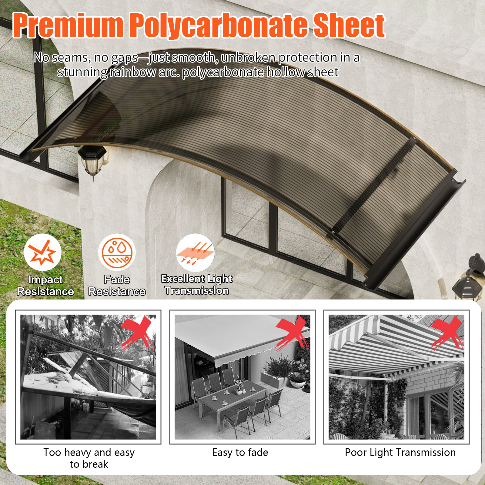 Auvents à arc rond GUANSU-CN avec supports en alliage d'aluminium pour porte, patio, décoration de maison